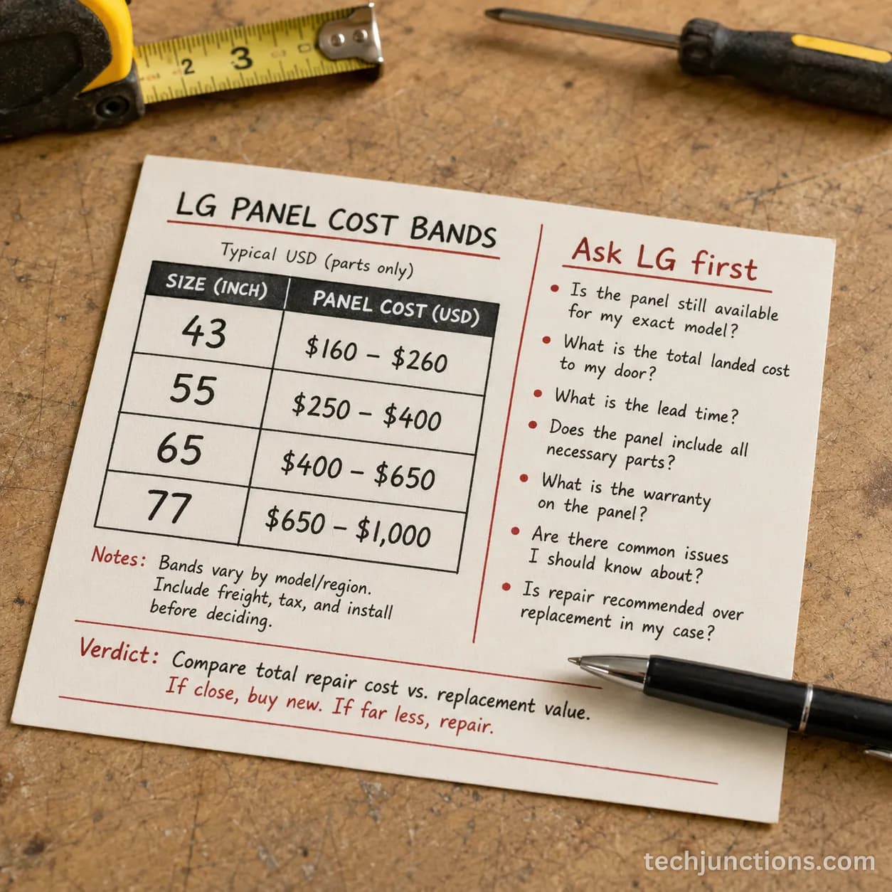 Quick-reference card showing LG TV panel cost bands and an ask-LG-first checklist