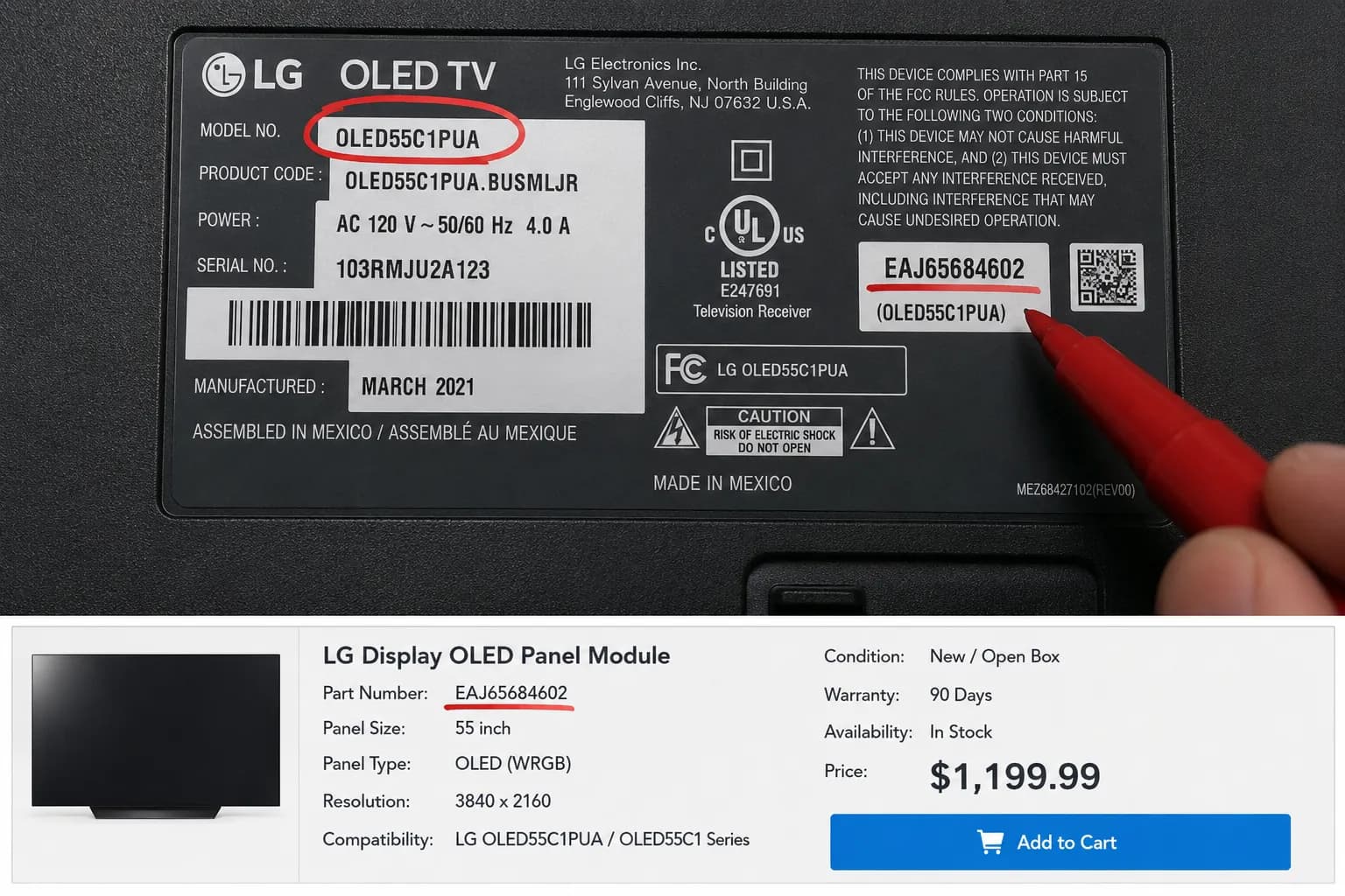 LG TV rear label with the model number circled and EAJ panel part number underlined