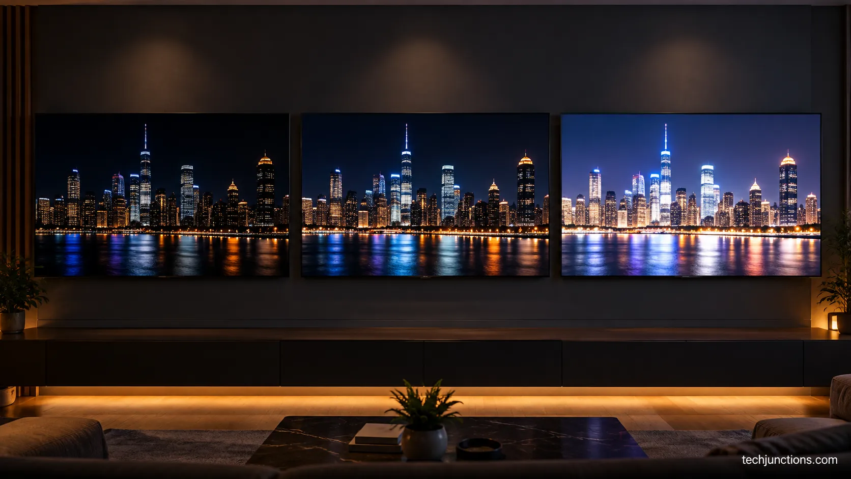 Samsung and Hisense TVs side by side displaying the same night skyline scene.
