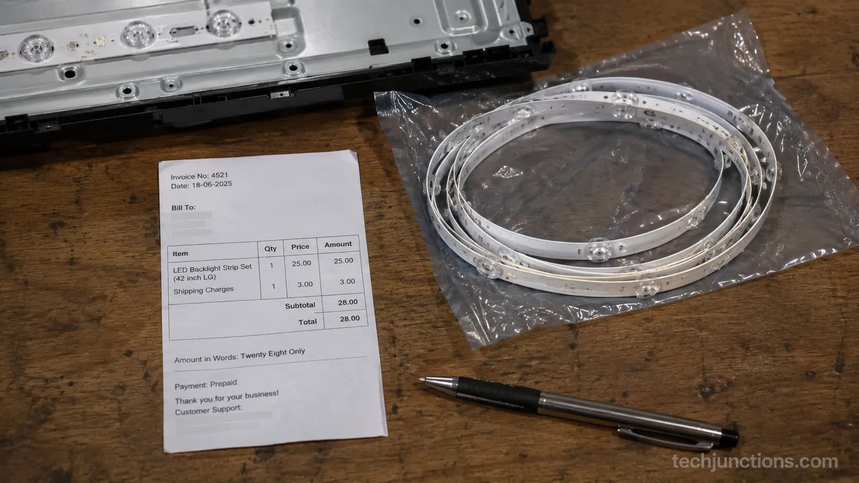 Receipt and LED backlight strip set for an LG TV white spot repair.