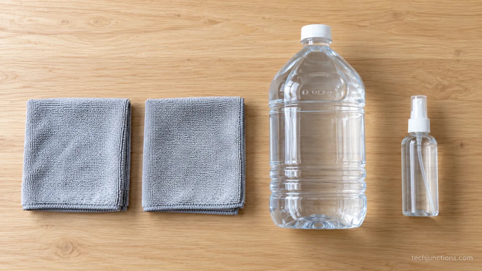 microfiber cloths and distilled water laid out for cleaning an LG TV screen