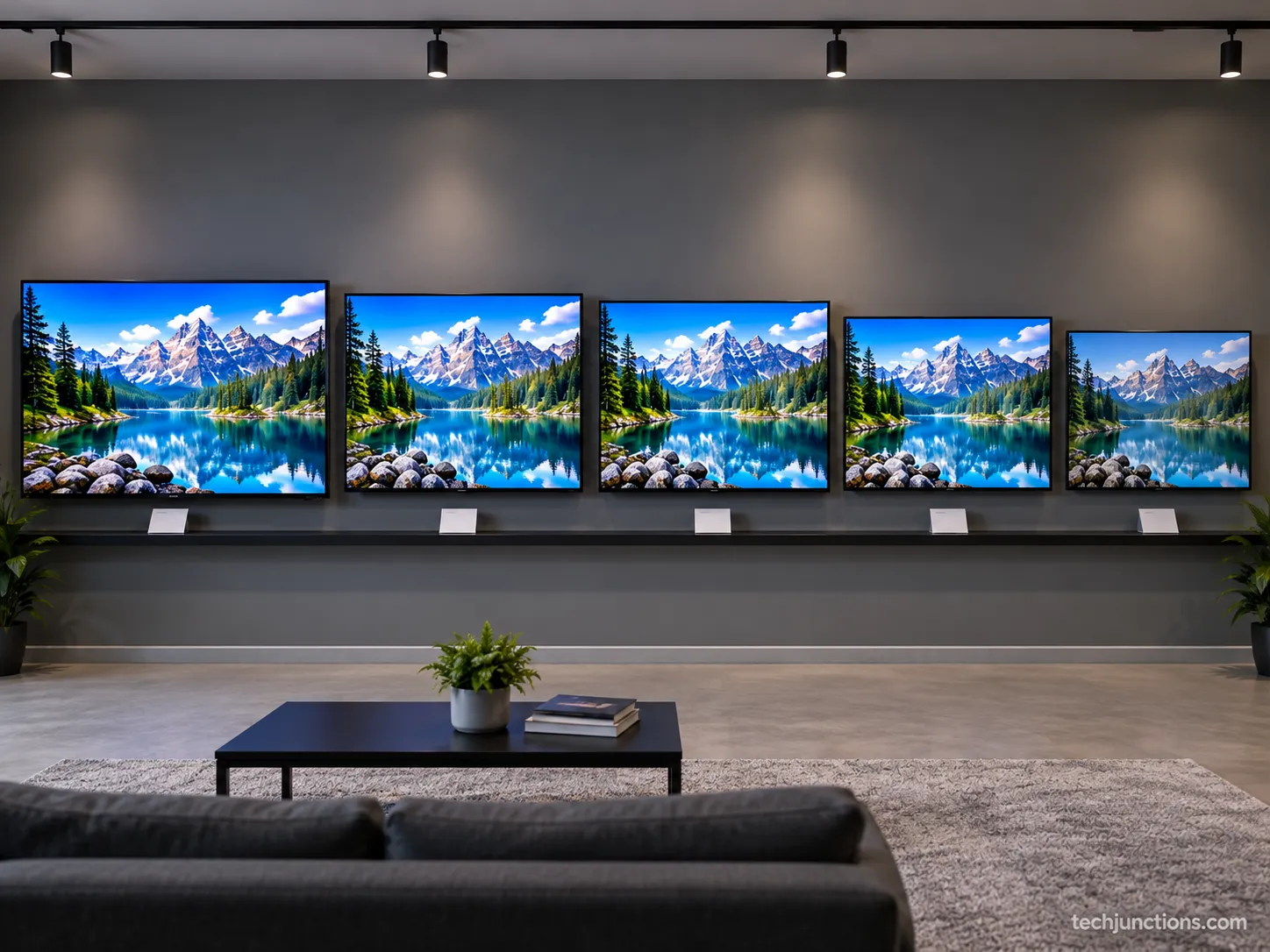 LG G6, C6, B6, QNED and UHD TVs compared side by side in a test lab.