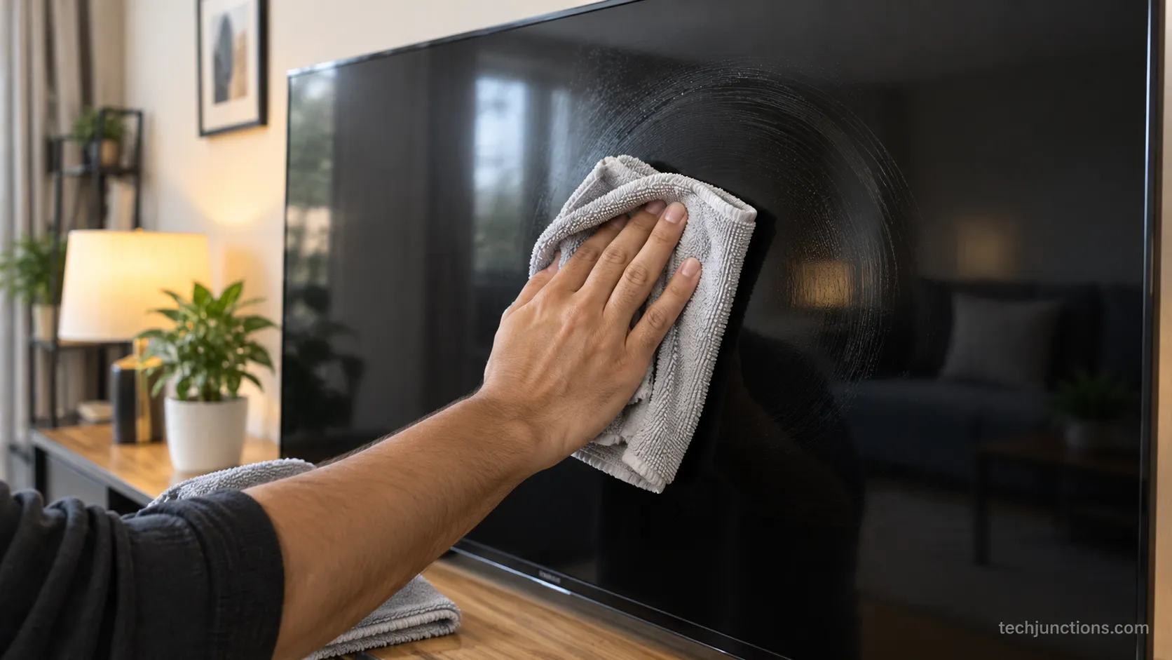 wiping an LG TV screen in circular motions with a damp microfiber cloth