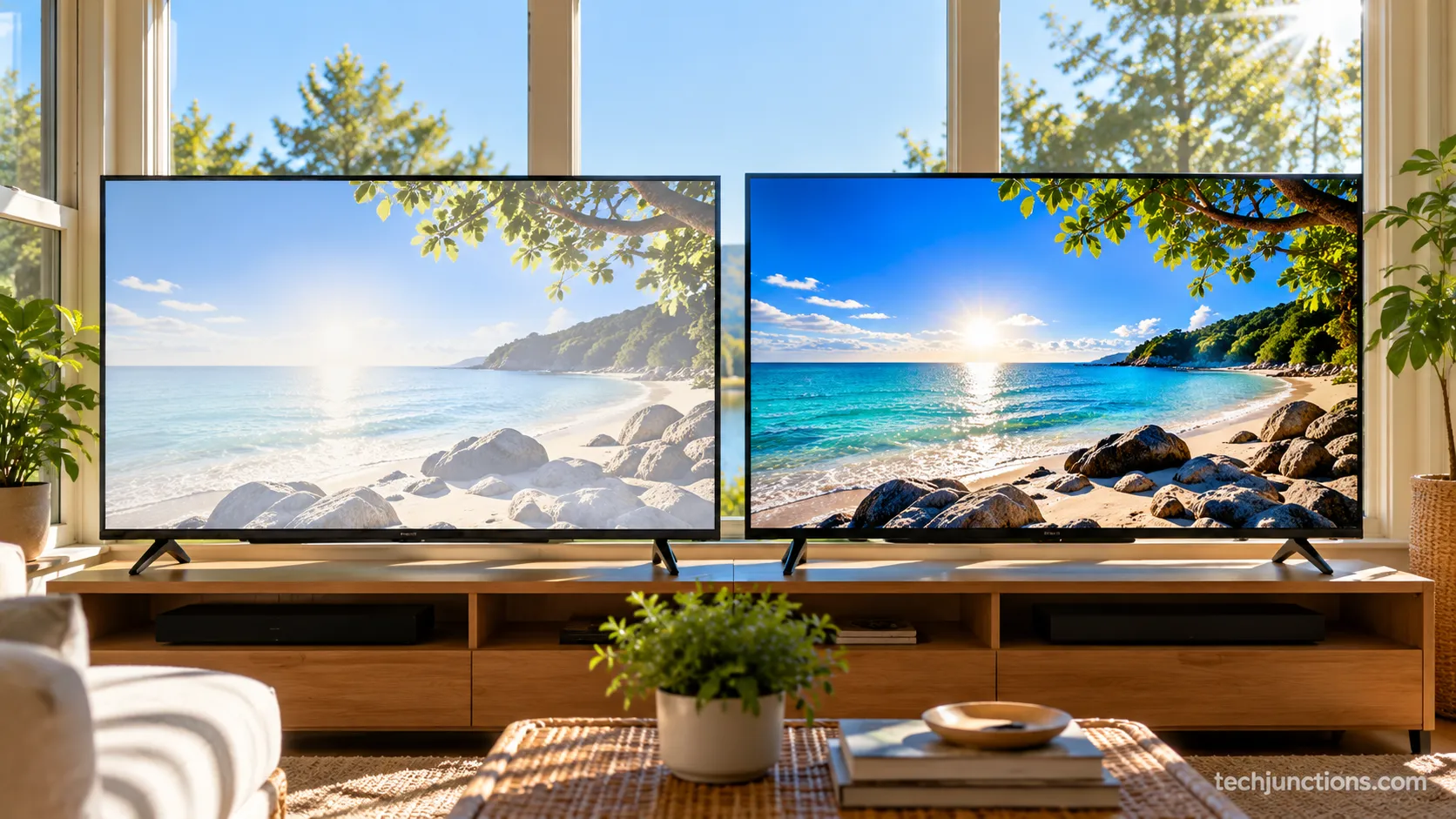 LG UHD TV washing out next to a brighter Hisense Mini-LED in daylight.