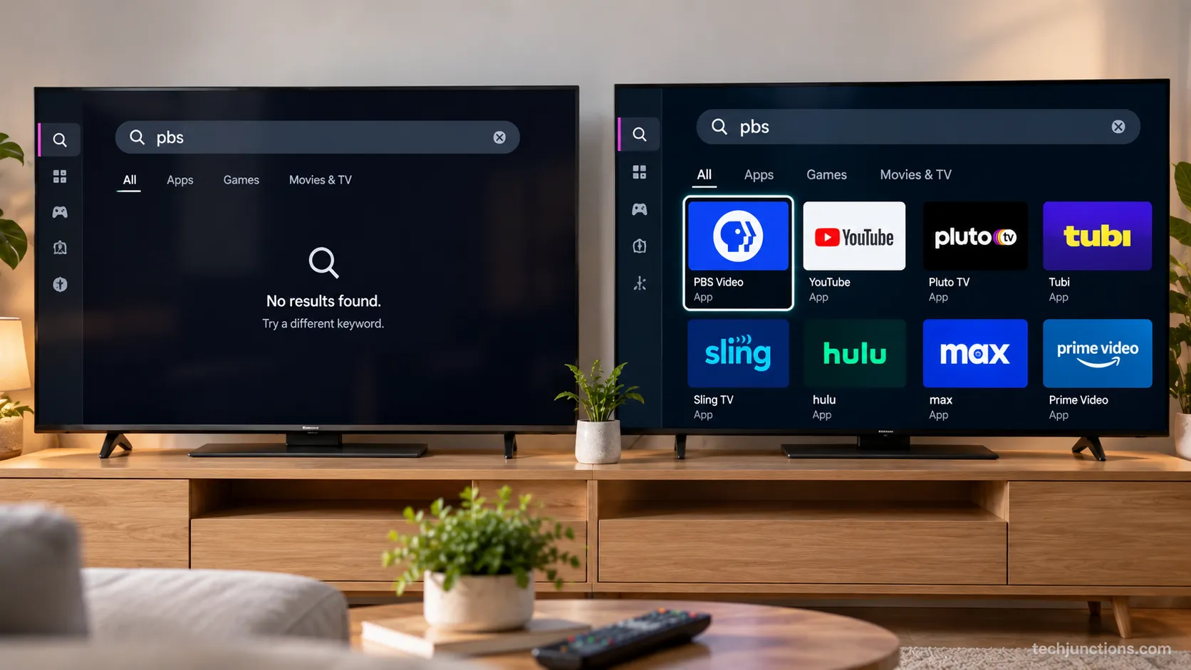 Two LG TVs side by side, an older model showing no PBS app in search and a newer model showing the PBS Video app.