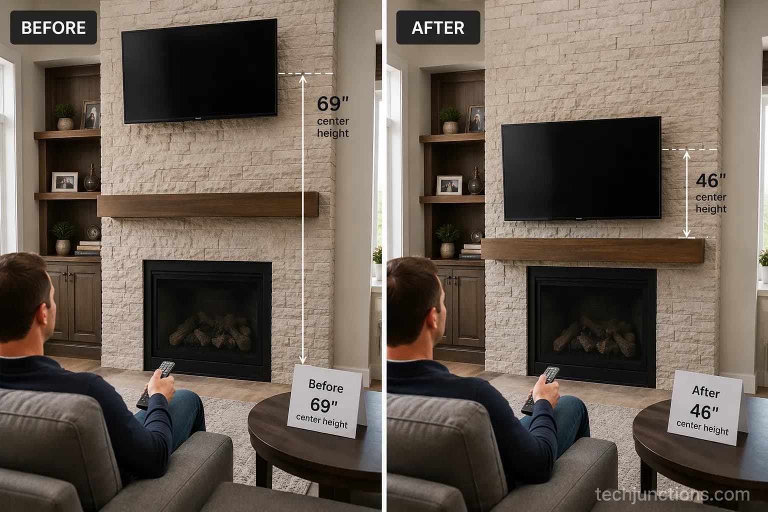 TV over a fireplace lowered from too high to eye level, before and after.