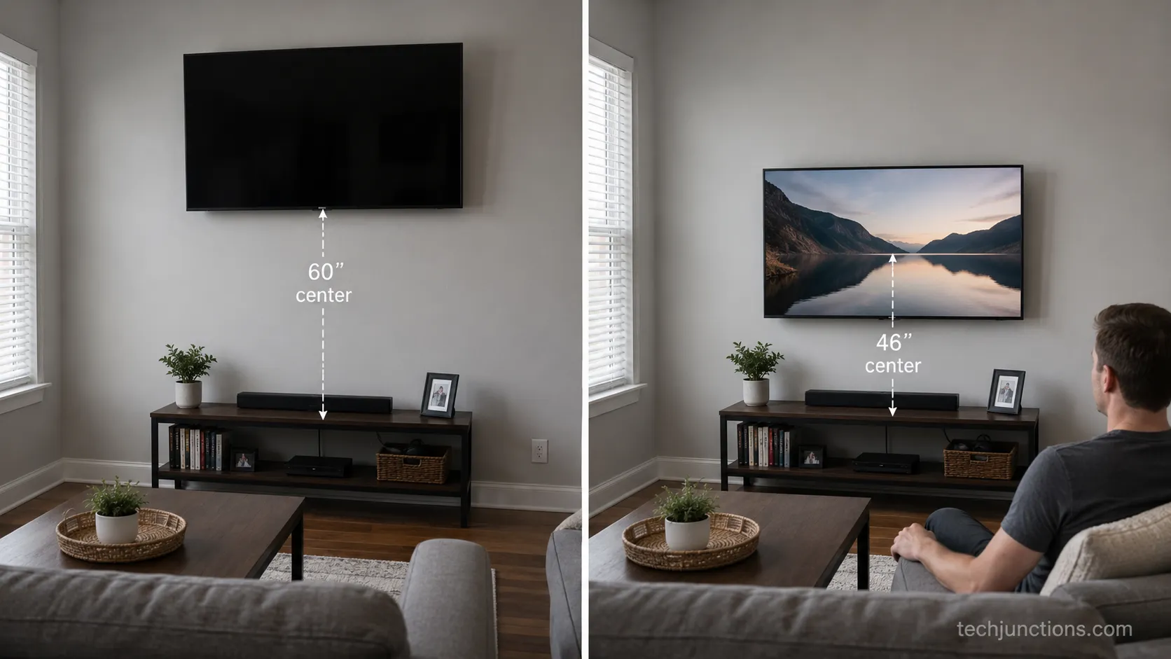 Before and after lowering a wall-mounted TV from too high to seated eye level.
