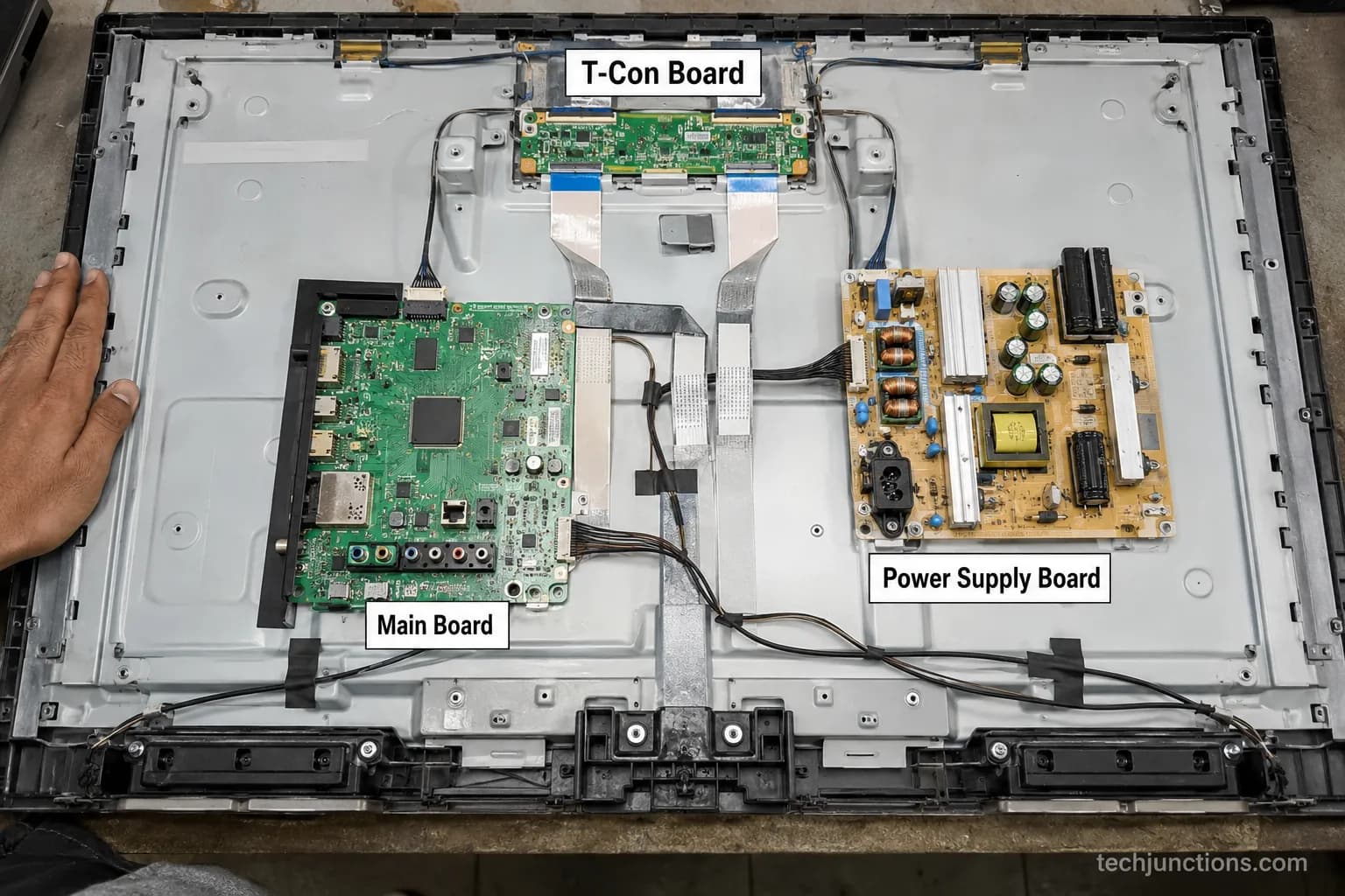 Labeled main board, power board, and T-Con inside an opened TV.