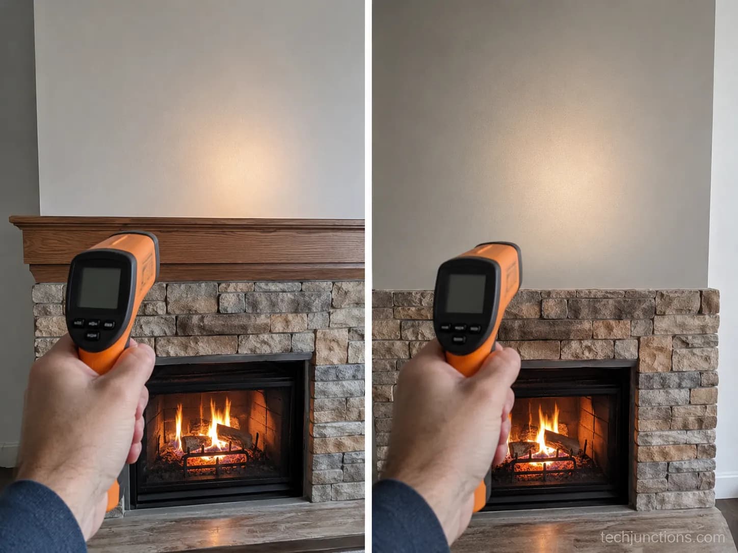 comparing wall temperature above a fireplace with and without a mantel