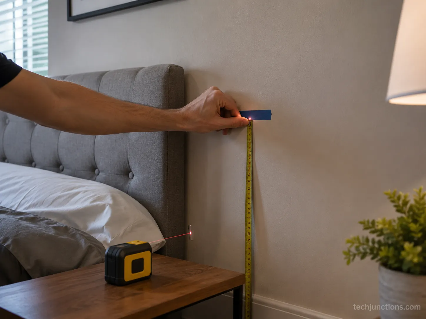 Hand marking a bedroom TV center height on the wall with painter's tape and a laser measure.
