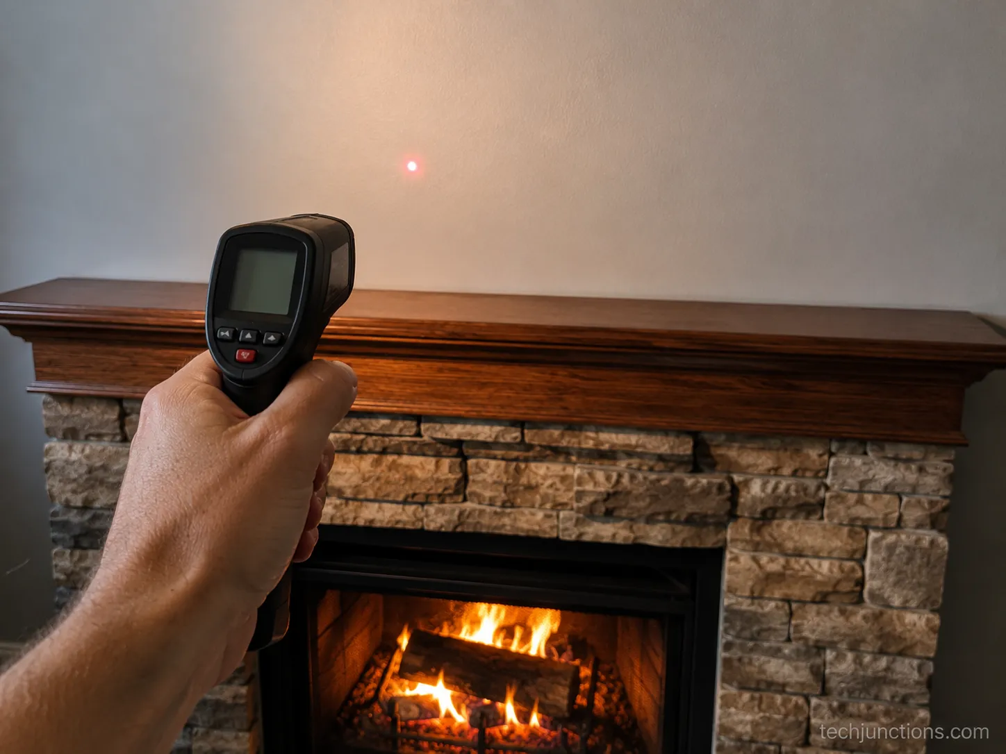 measuring fireplace heat with an infrared thermometer before mounting a TV