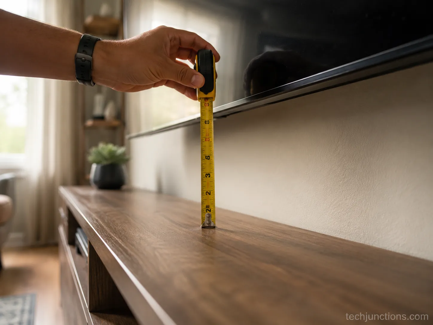 measuring the gap above a console to mount a TV with a tape measure