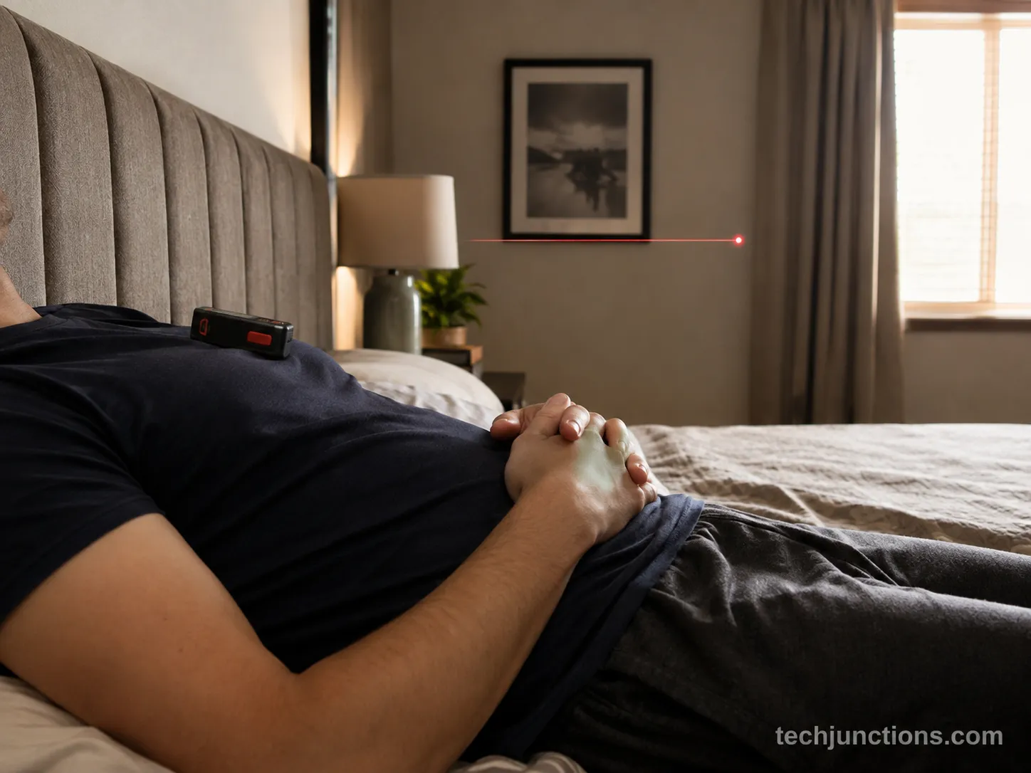 Person reclined on a bed measuring their eye height with a laser distance meter for TV mounting.