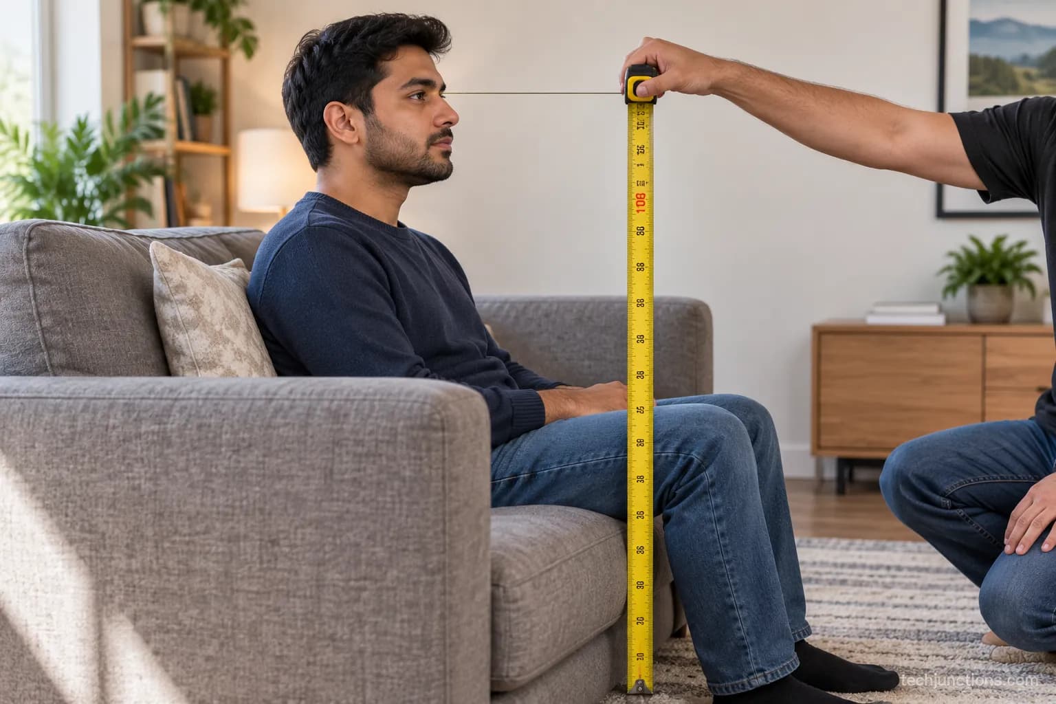 Tape measure showing 108 cm from floor to a seated viewer's eye level.