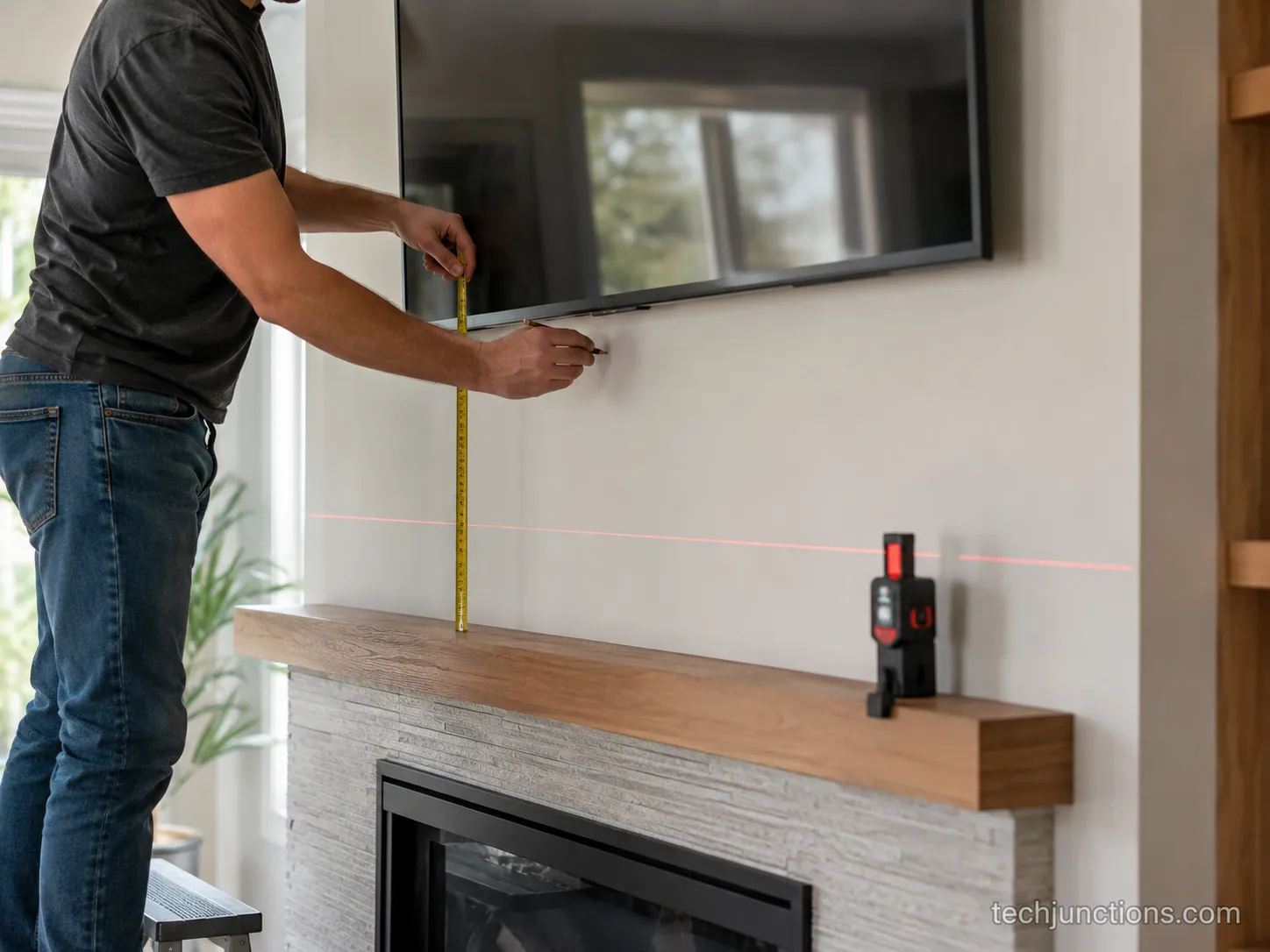 Measuring floor-to-center height for a 65-inch TV above a fireplace