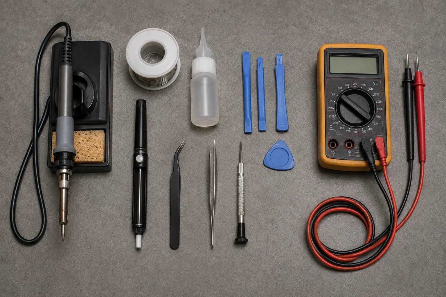 Basic toolkit used to fix a TV backlight: soldering iron, multimeter, epoxy.