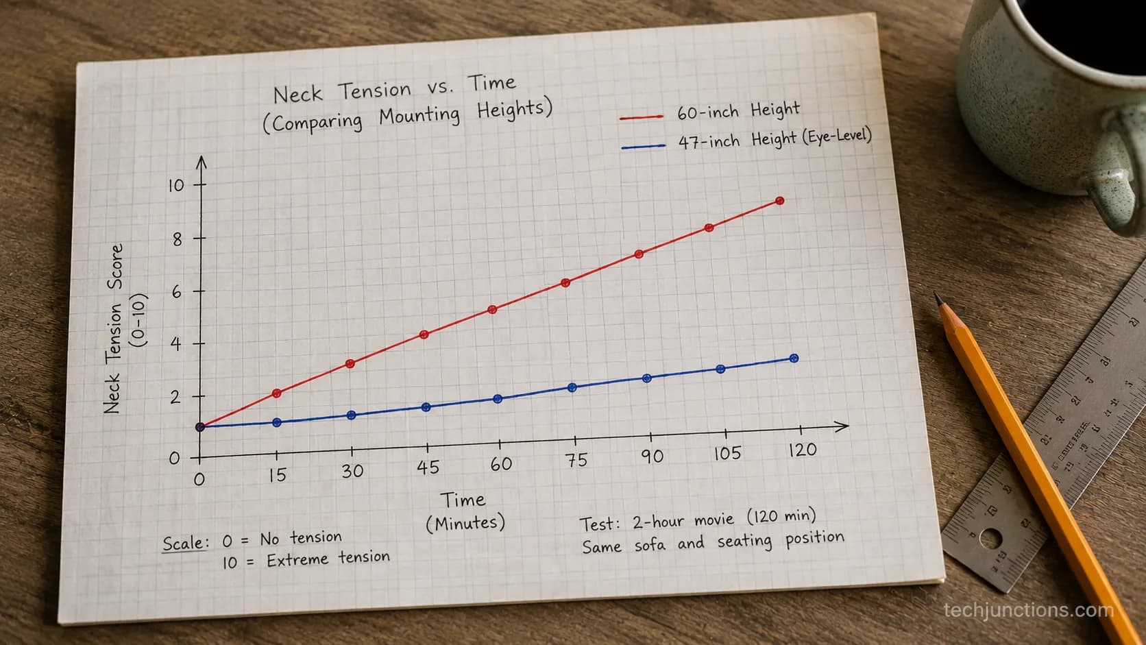 Chart of rising neck tension over time at a high TV mount versus eye level.
