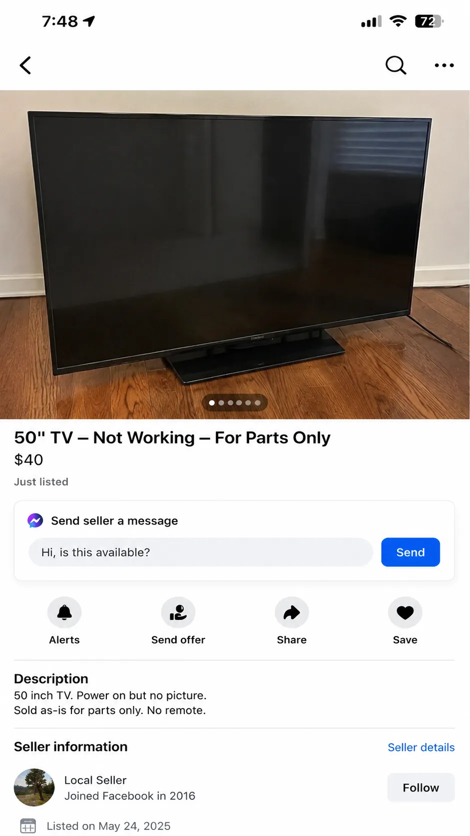 Screenshot of a local marketplace listing showing a non-working flat-screen TV for parts only, priced at $40 with the posting date visible on a smartphone screen.