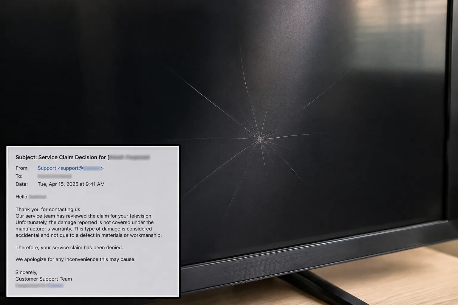 Internal star-shaped TV screen crack with no external mark beside a redacted warranty denial email.