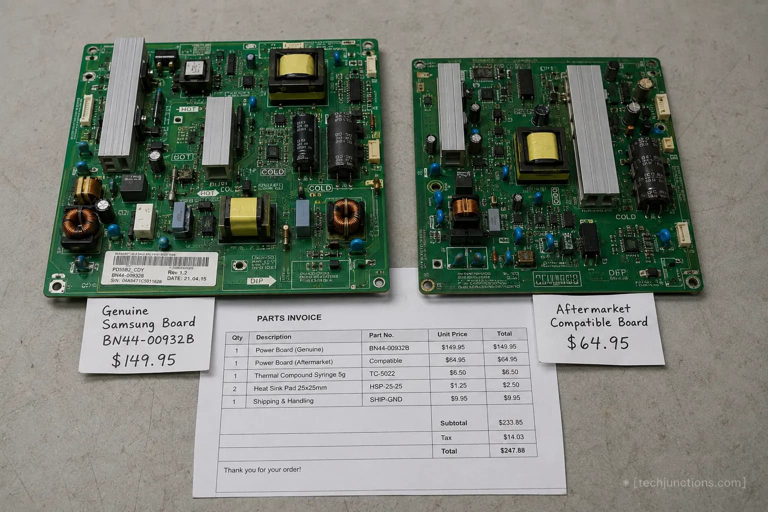 Genuine Samsung TV power board beside a cheaper aftermarket board with price tags.