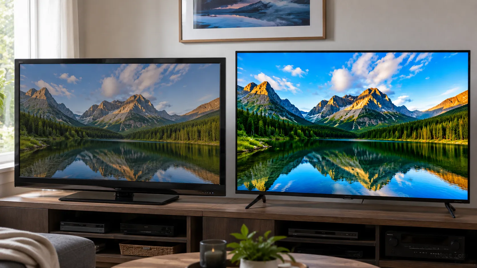 An older repaired TV next to a new 4K TV comparing picture quality.
