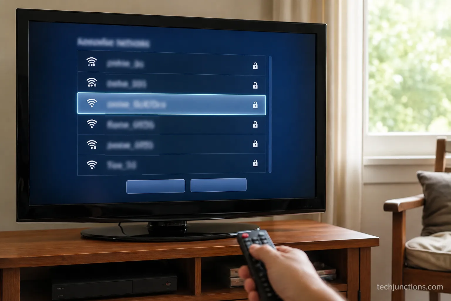 Older Samsung TV showing a 2.4GHz network in its available-networks list.