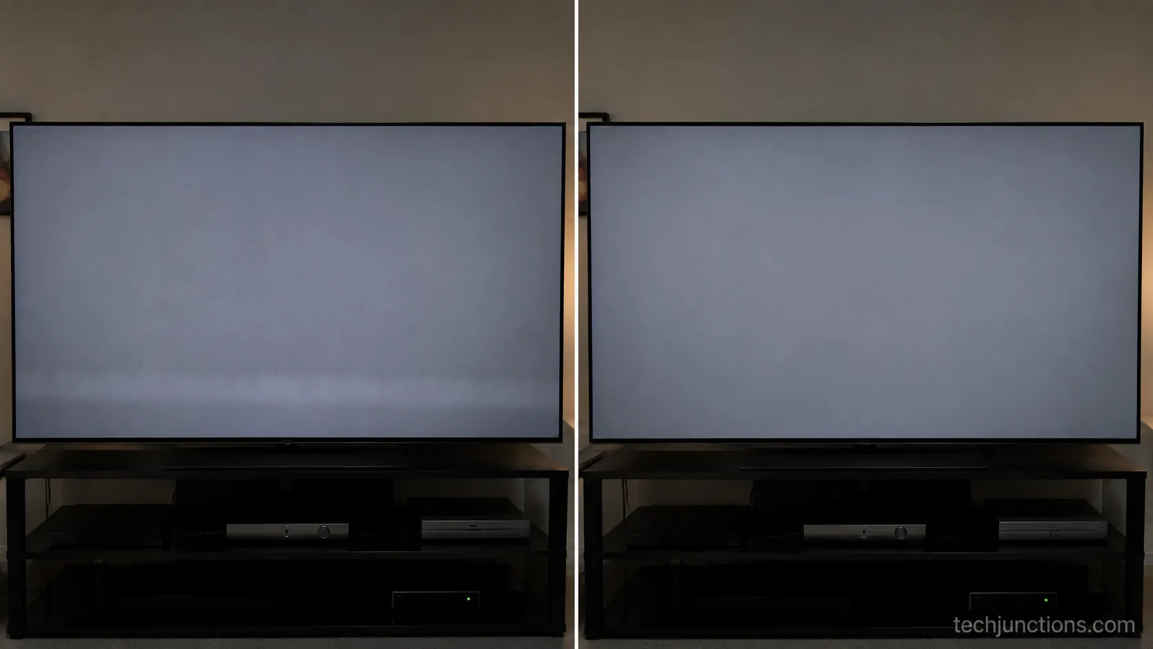 Grey test slide on an OLED before and after a manual pixel refresh, ticker ghost reduced.