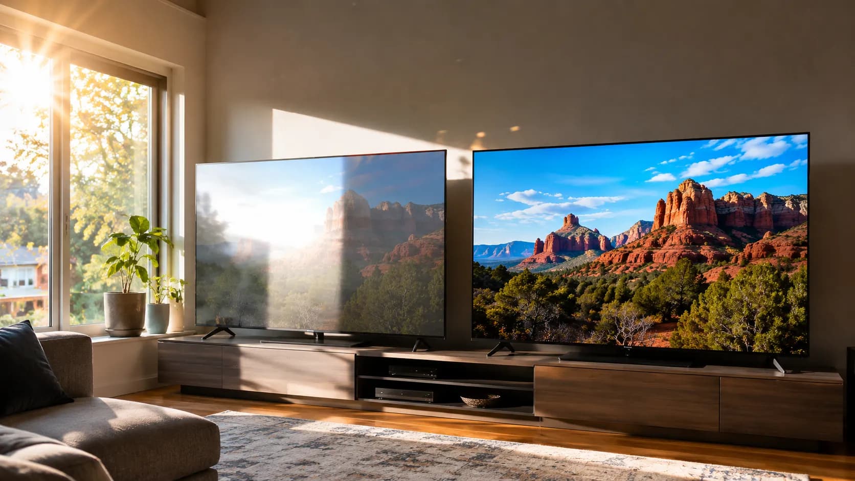 OLED vs mini-LED TV compared in a bright sunlit living room.