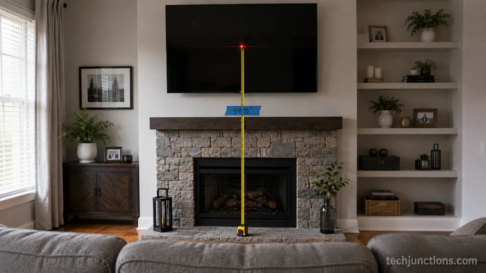 Over-fireplace TV mounted too high with the center height measured on the wall.