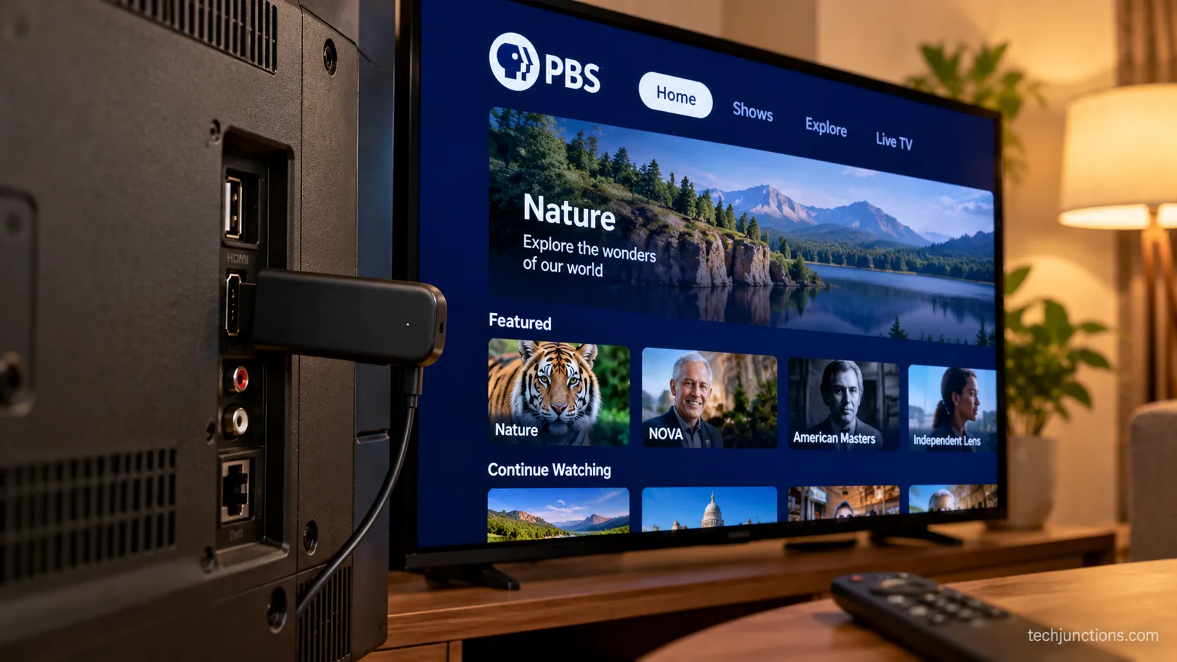 Streaming device plugged into an older LG TV HDMI port with the PBS app running on the screen behind it.