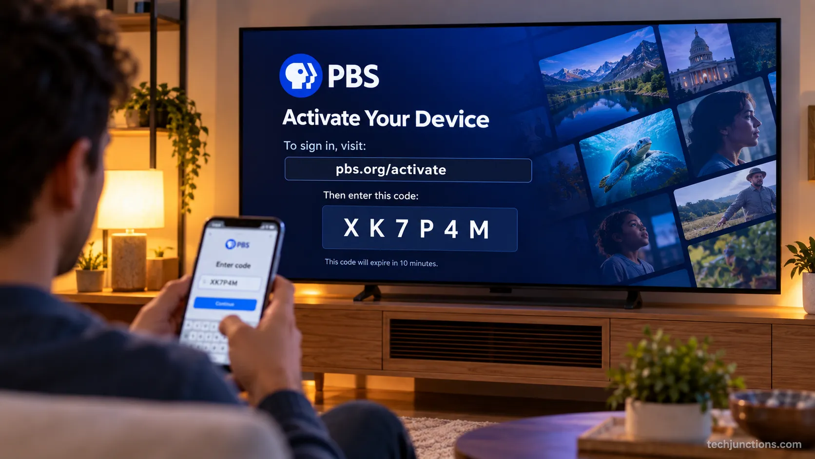 LG TV showing the PBS app activation code screen with a phone ready to enter the code at pbs.org/tv.