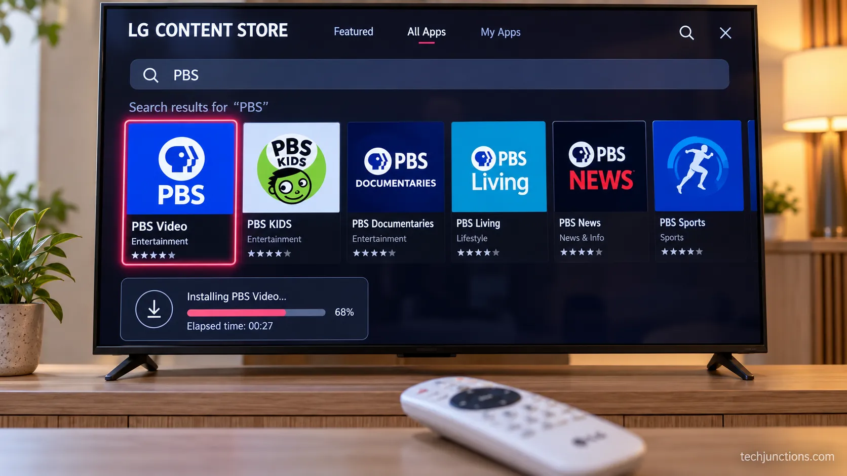 LG Content Store search results showing the PBS Video app tile ready to install on an LG smart TV.