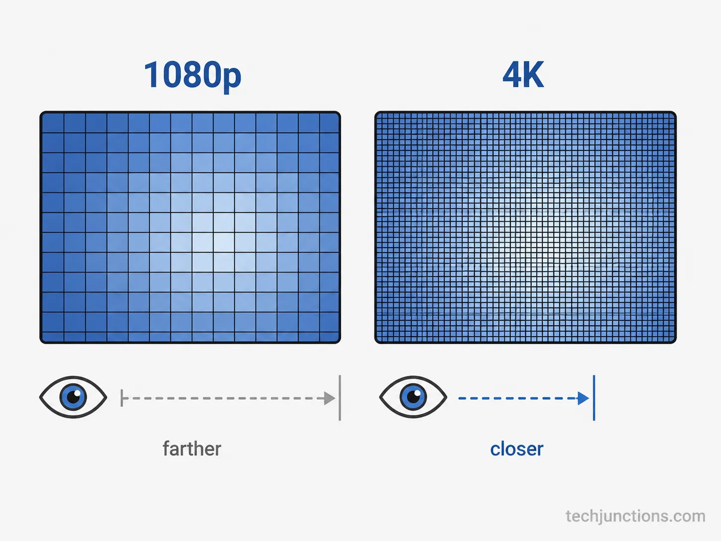 Diagram comparing 1080p and 4K pixel density on the same screen and the closer 4K viewing distance.