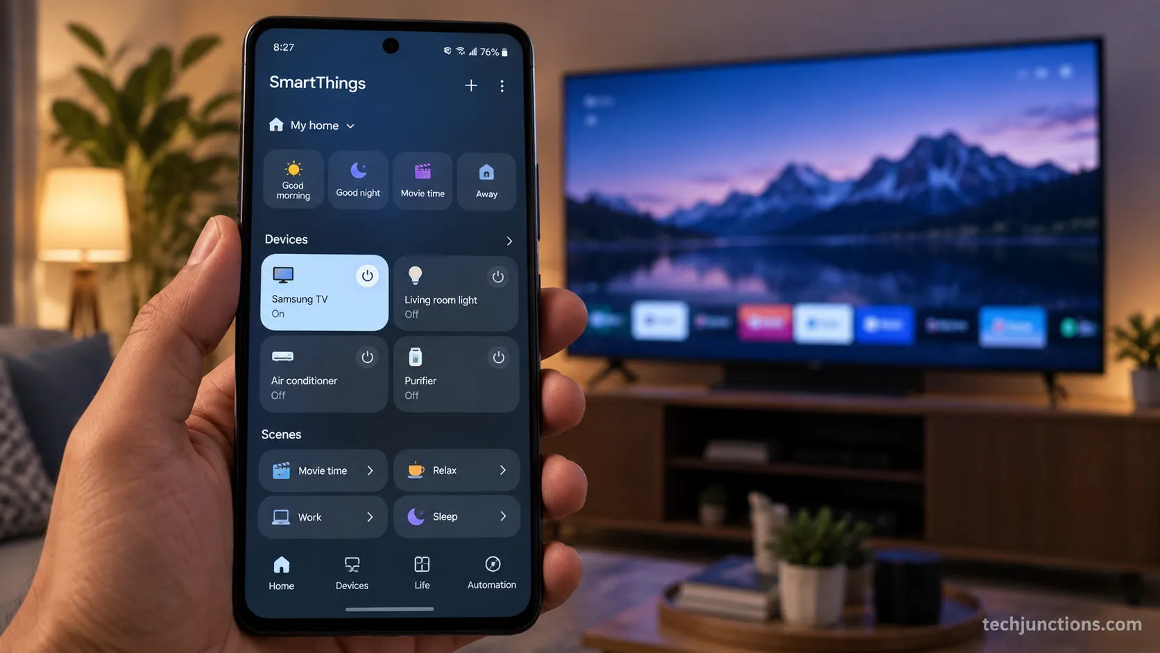 SmartThings app on a Pixel with a Samsung TV added as a device.