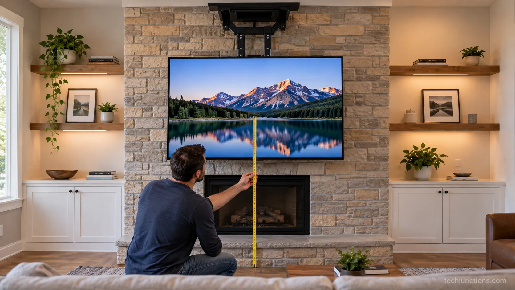 Pull-down mount lowered so the TV center reads 110 cm on a fireplace wall.