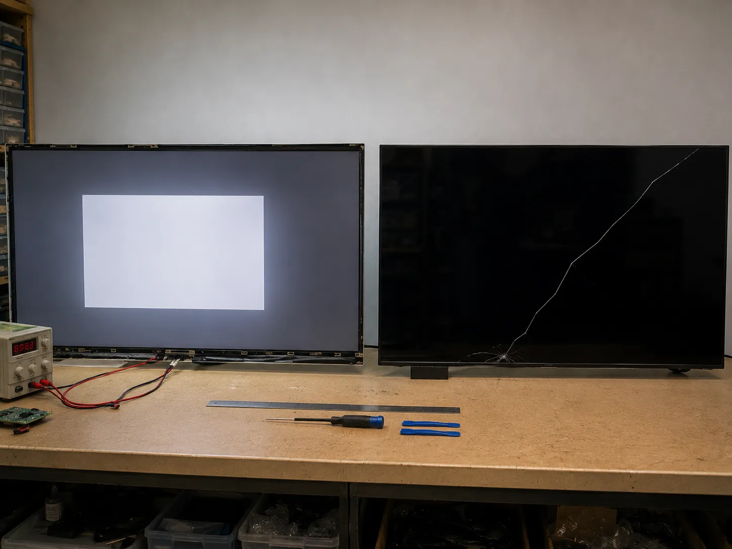 A QLED panel with a lit backlight zone beside a dark cracked OLED panel on a repair bench.