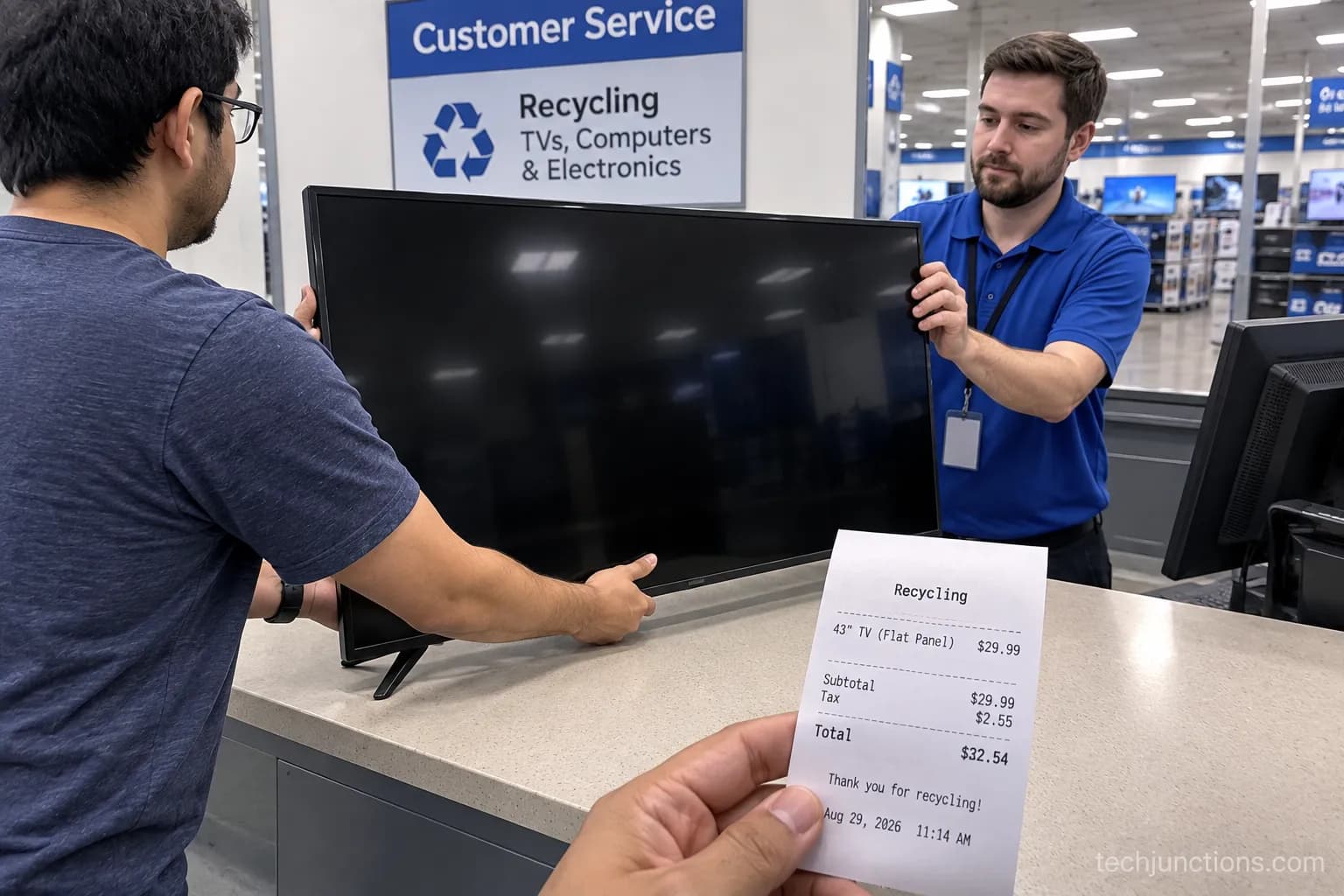 Dropping off a 43-inch TV at a Best Buy recycling desk in August 2026