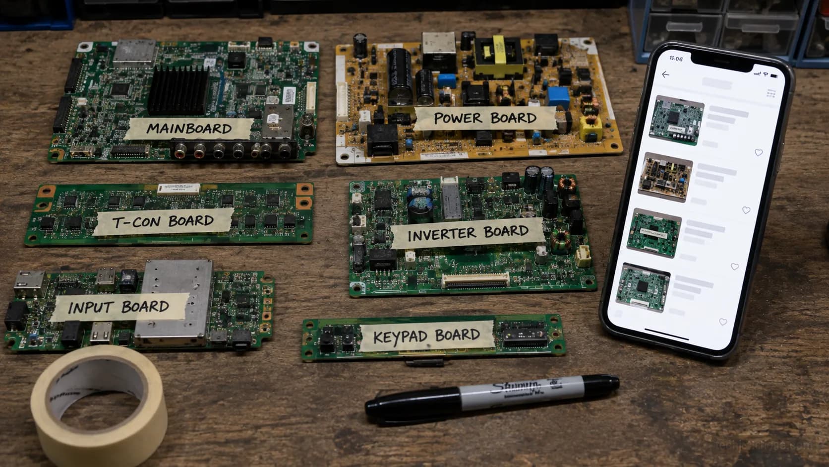 Salvageable TV circuit boards removed from a broken set, labeled and listed for sale as parts.