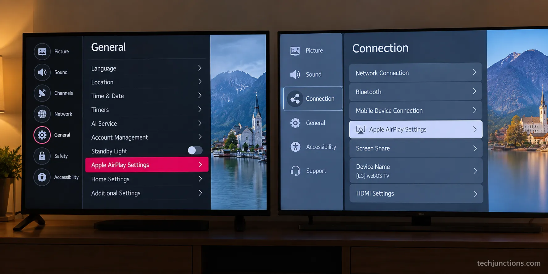Samsung TV AirPlay setting under General on a 2019 model and under Connection on a 2024 model