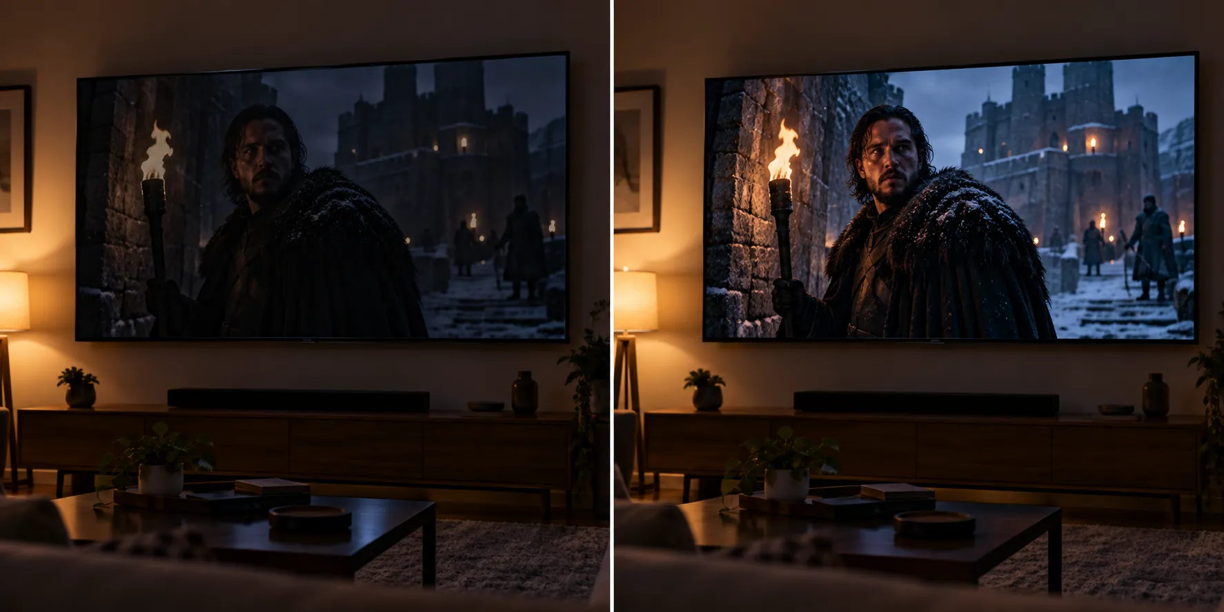 Samsung TV dim-room scene with ambient light sensor on versus off.