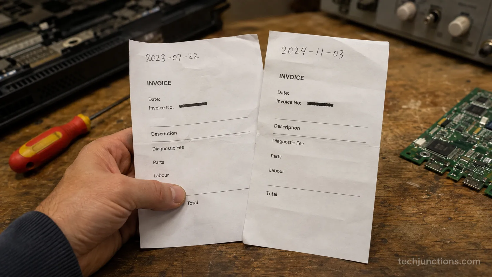 Hand holding two TV repair invoices comparing Samsung authorized and independent shop pricing.
