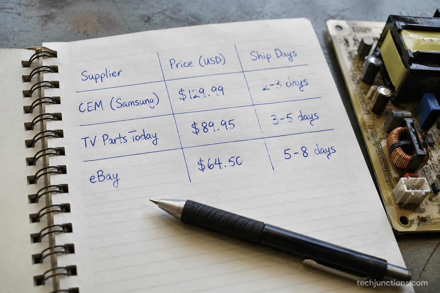 Handwritten order log comparing three sources for one Samsung TV board
