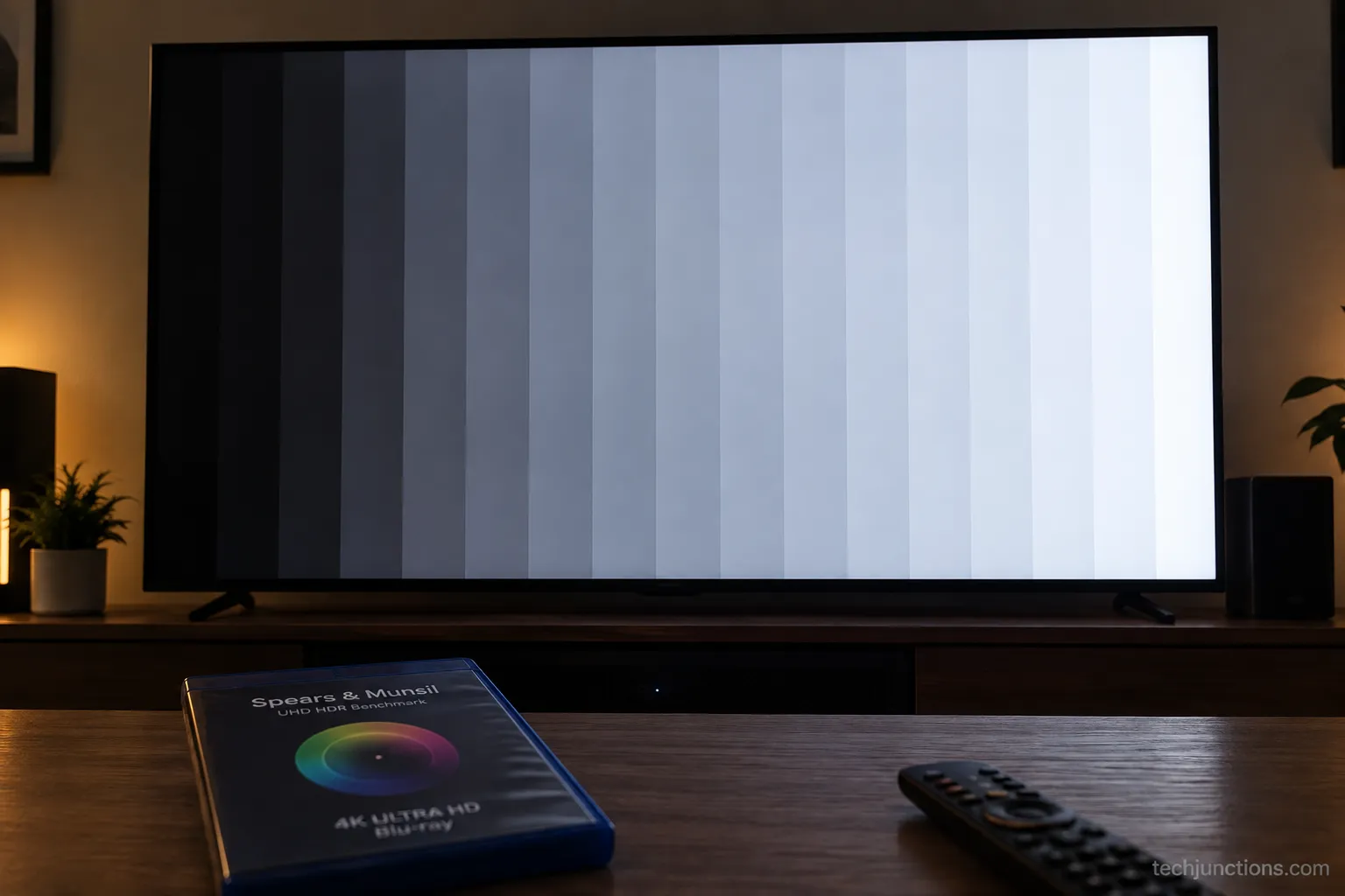 Samsung TV showing a grayscale calibration test pattern with a disc case nearby.