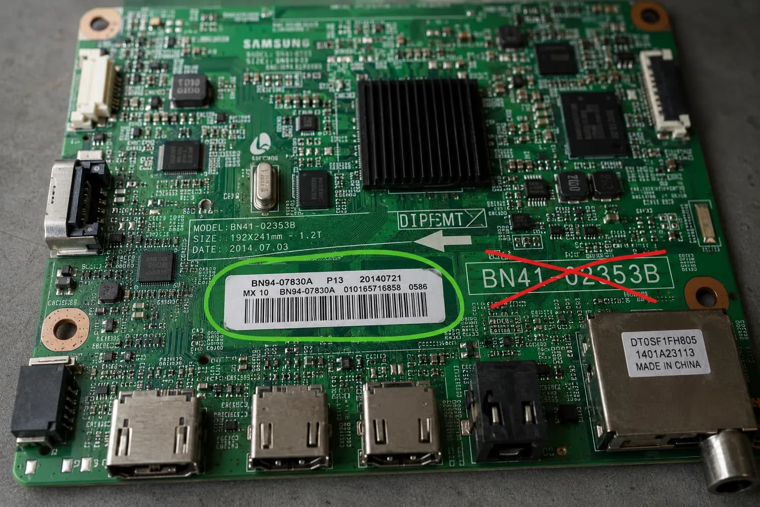 Samsung main board showing the correct part number sticker versus the board number