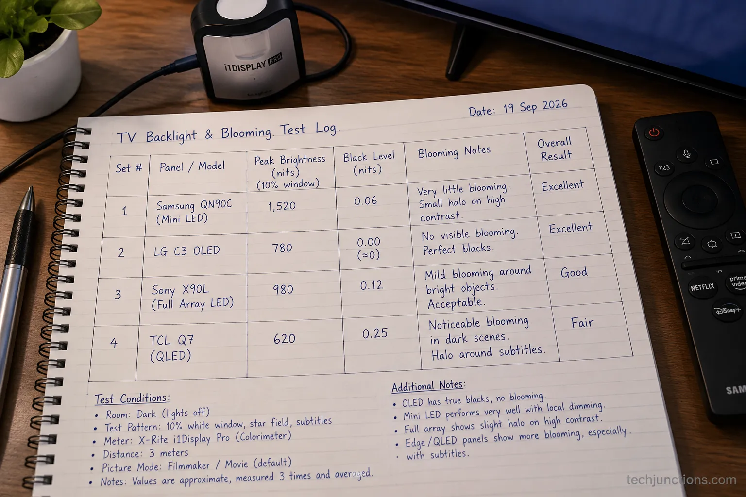Handwritten test log of Samsung panel backlight and blooming notes.