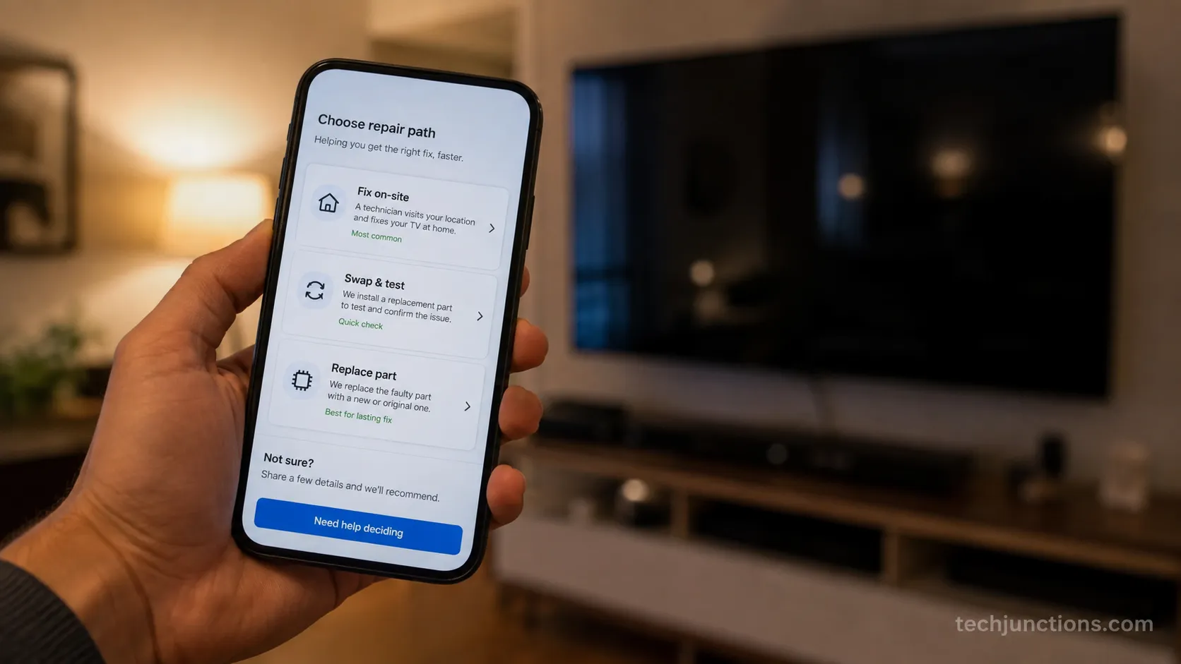 Hand holding a phone showing a Samsung TV repair path selection with a large TV in the background.