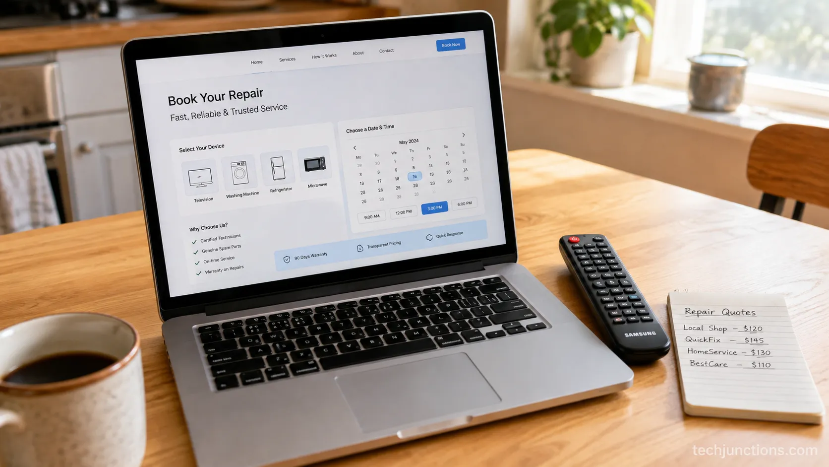 Laptop showing a Samsung TV repair booking screen with a remote and handwritten quote notes.