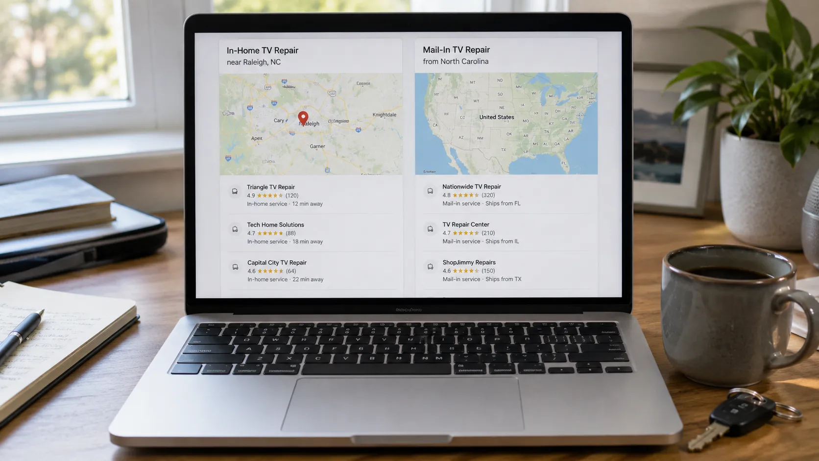 Laptop showing metro in-home availability next to rural mail-in-only results for Samsung TV repair.