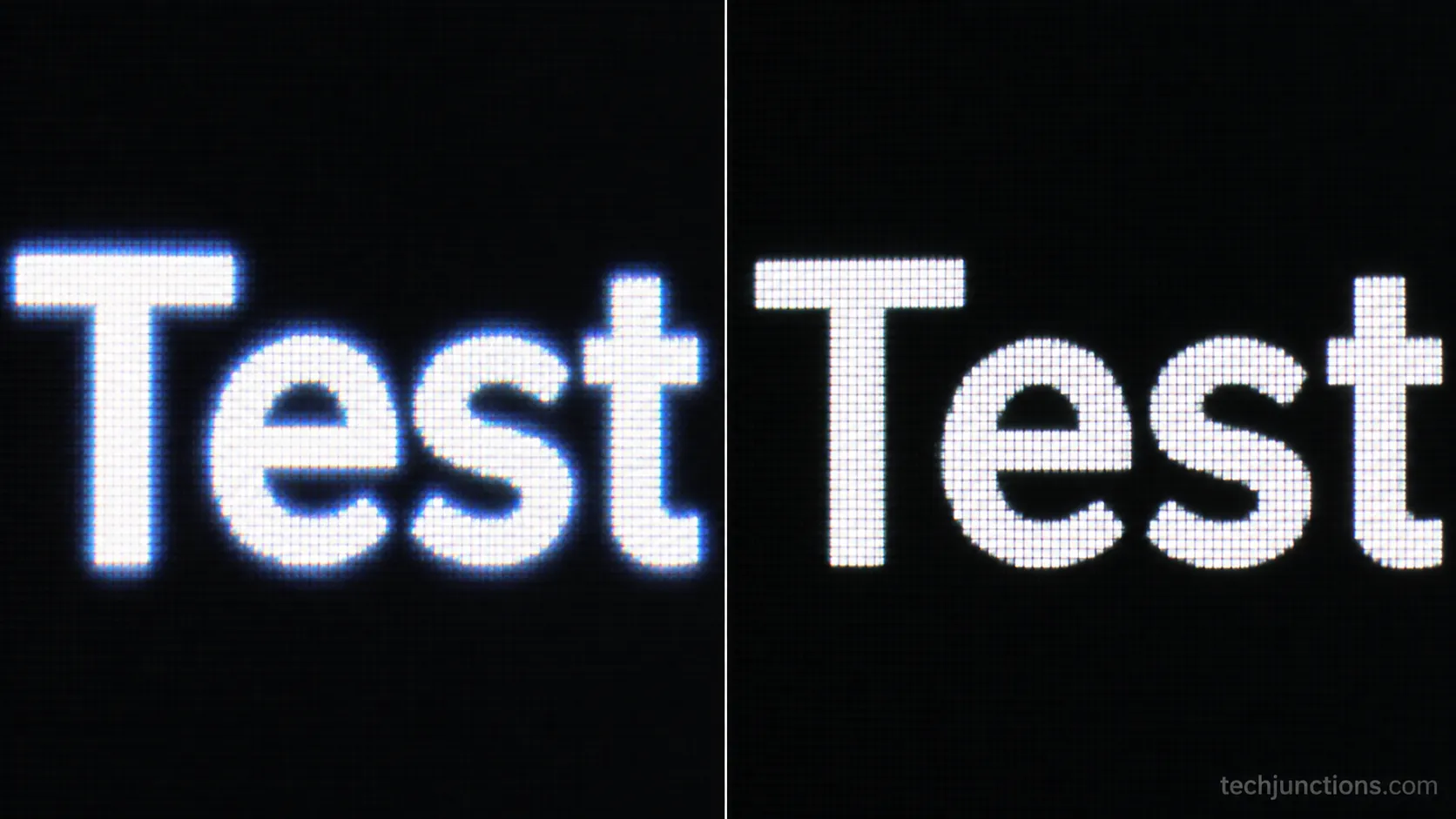 Close-up comparison of Samsung TV text at Sharpness 20 versus Sharpness 0.