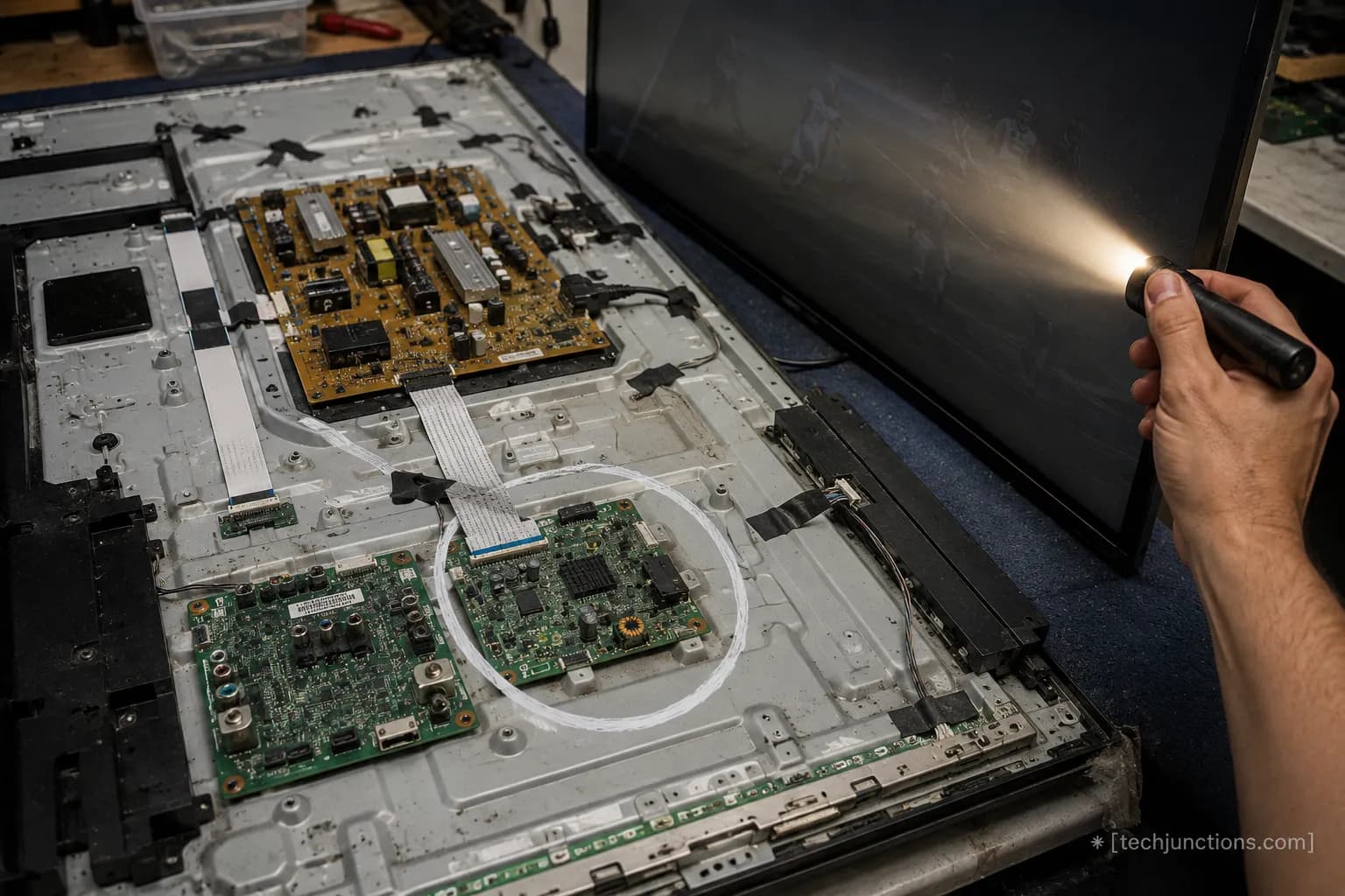 Samsung TV opened on a repair bench with a failed board circled and a flashlight test showing a live panel.